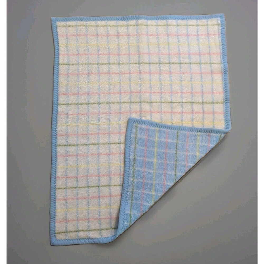 Vintage Baby Blanket Pastel Plaid Acrylic Plush Soft Blue Trim 80s 90s Kidcore